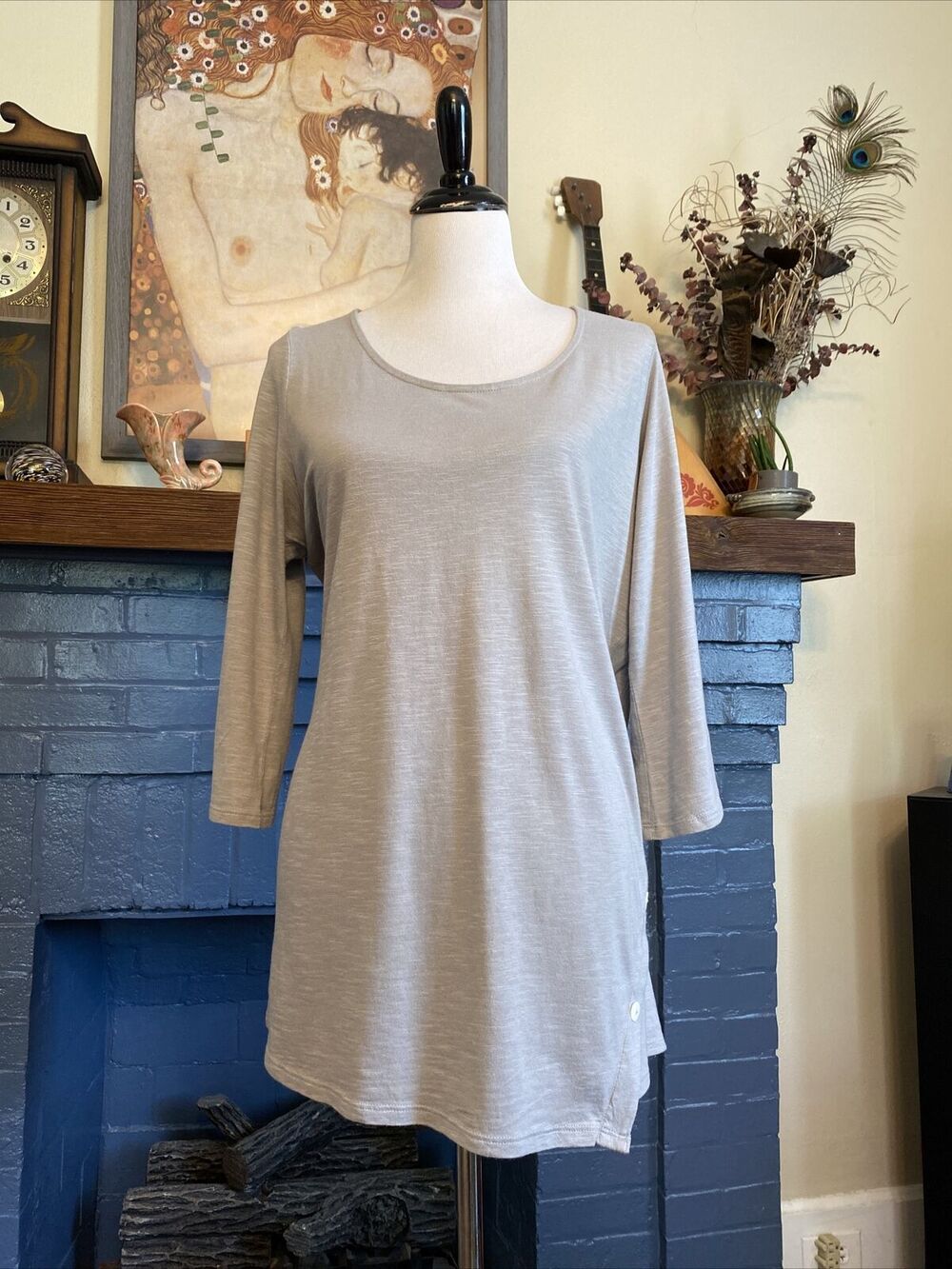 J JIll PURE Jill M Gray Cotton Modal Knit Tunic Dress Shirt Button Detail Top